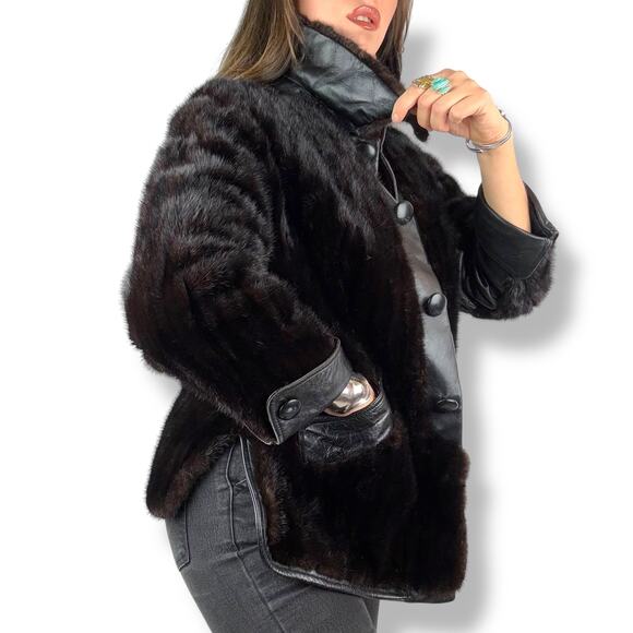 1960's PIERRE CARDIN rare genuine mink fur black leather mod coat BOUTIQUE FURS - Picture 14 of 16